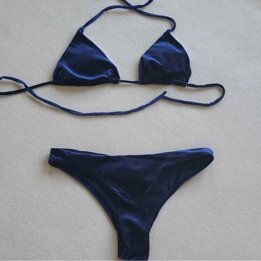 Crushed Velvet Navy Blue Triangle Bikini Medium